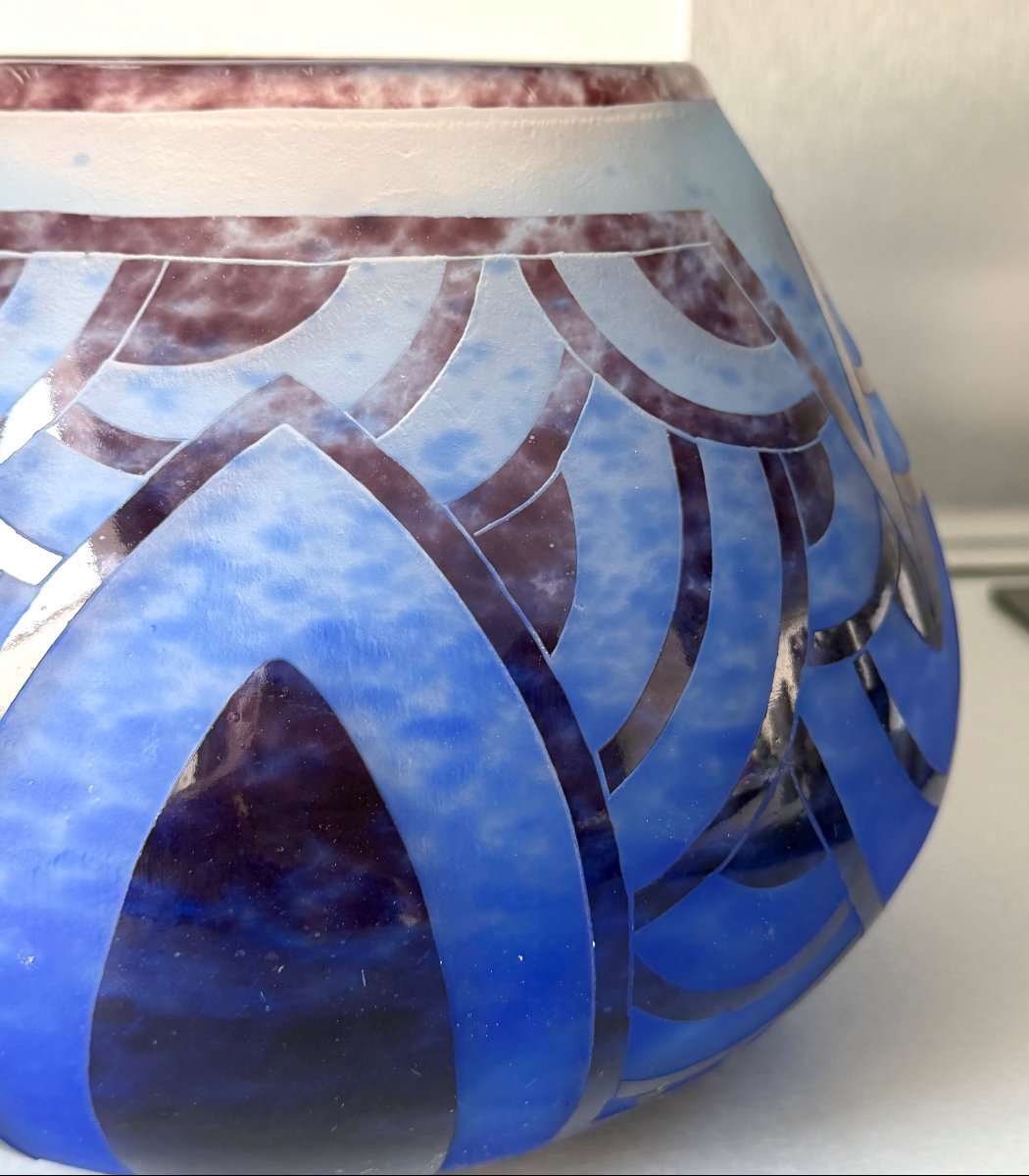 Imposing Art Deco "blue Water Lilies" Vase By Schneider - Le Verre Français-photo-6