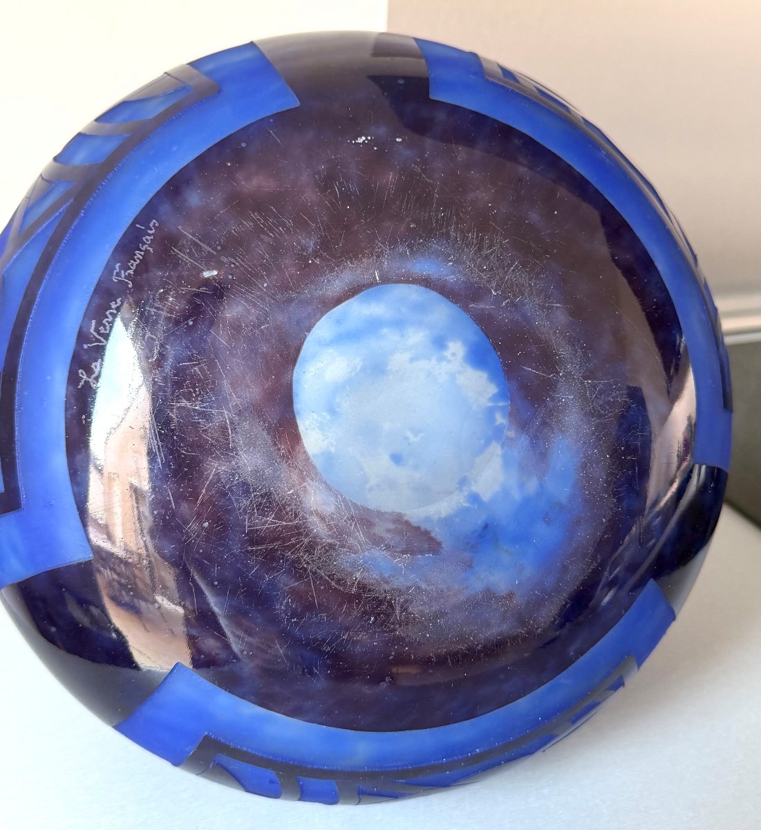Imposing Art Deco "blue Water Lilies" Vase By Schneider - Le Verre Français-photo-7