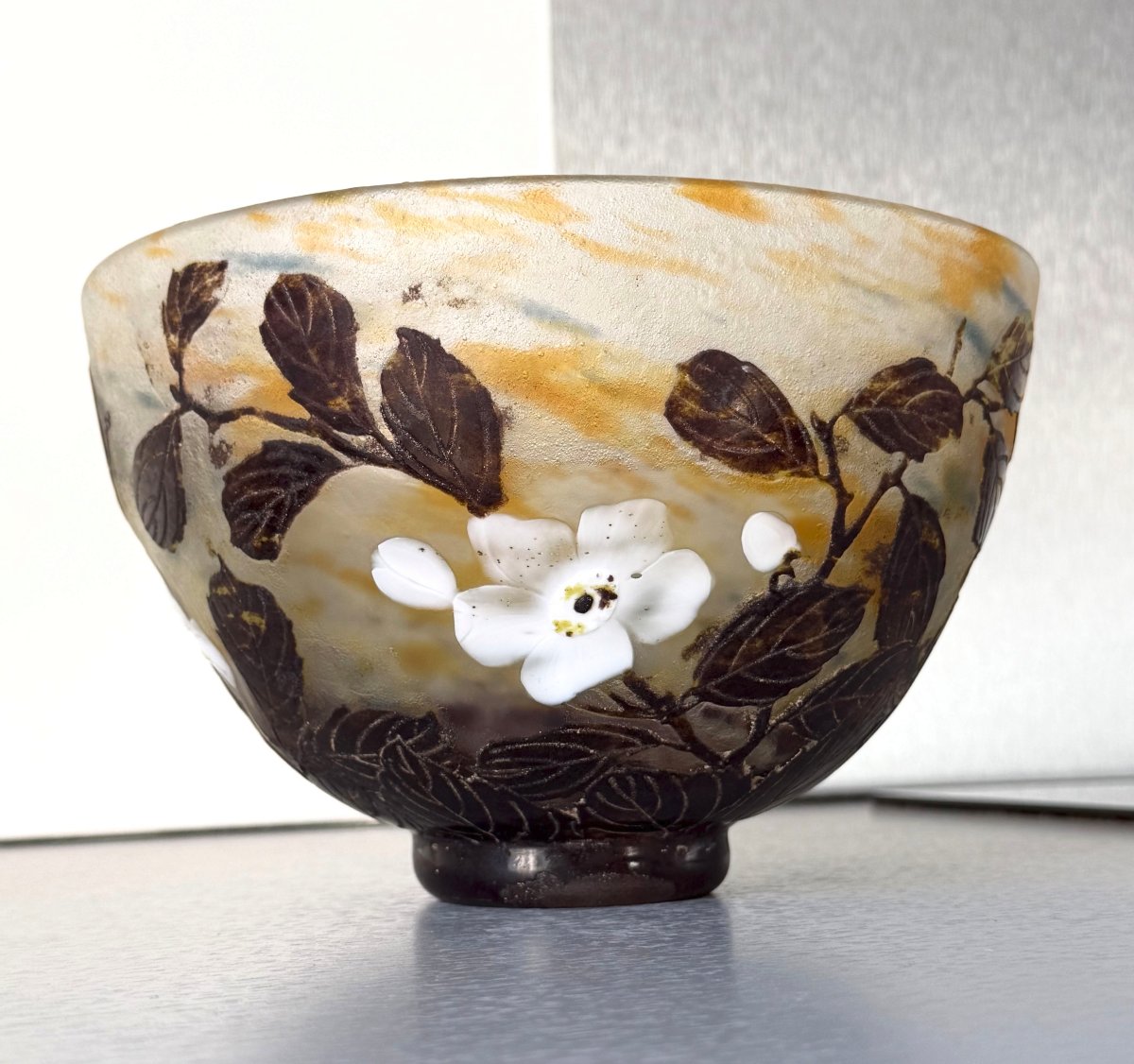 Large Art Nouveau "apple Blossoms" Bowl With Daum Nancy Inlays