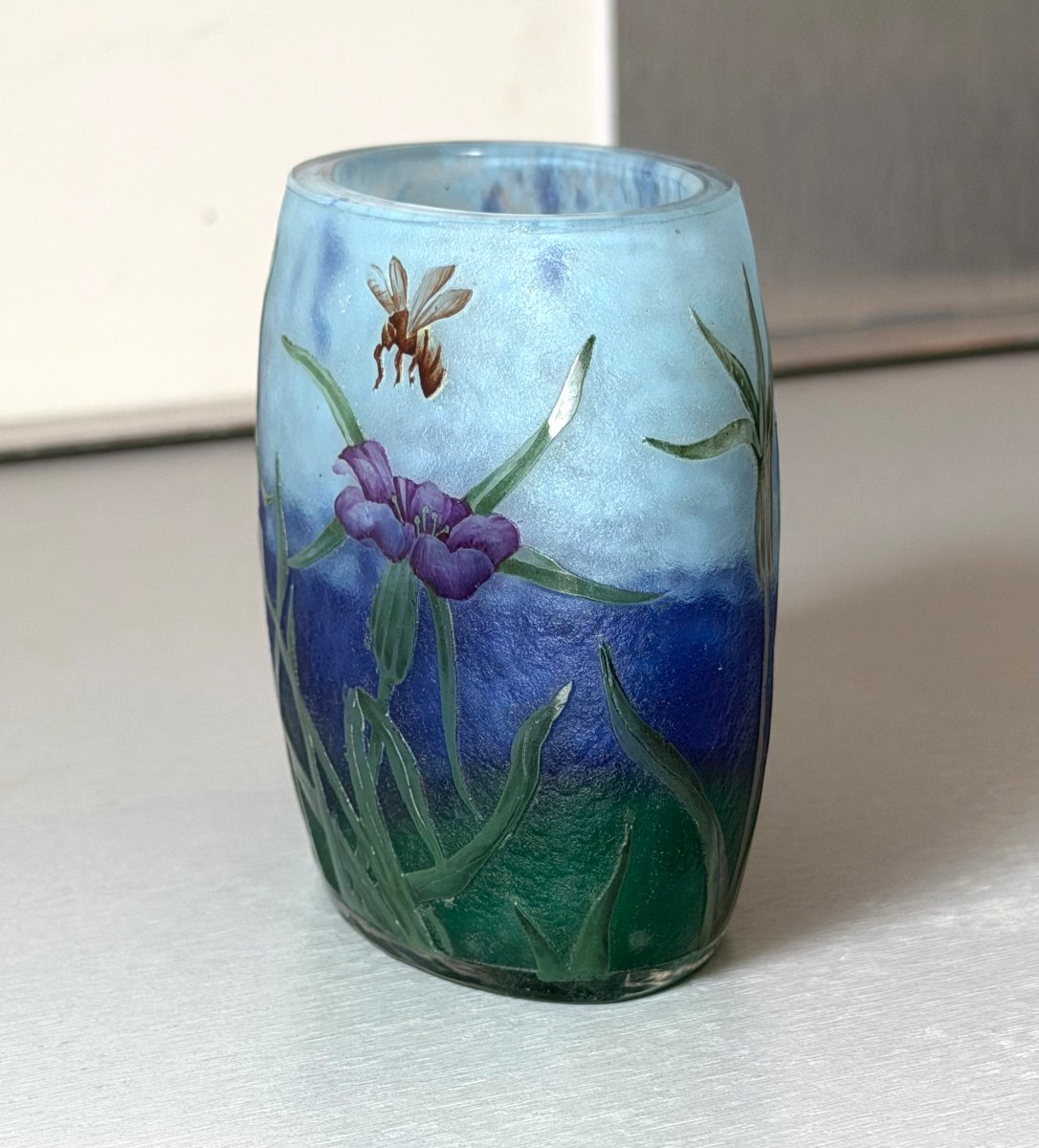 Rare Art Nouveau "carnations And Bee" Vase By Daum Nancy-photo-3