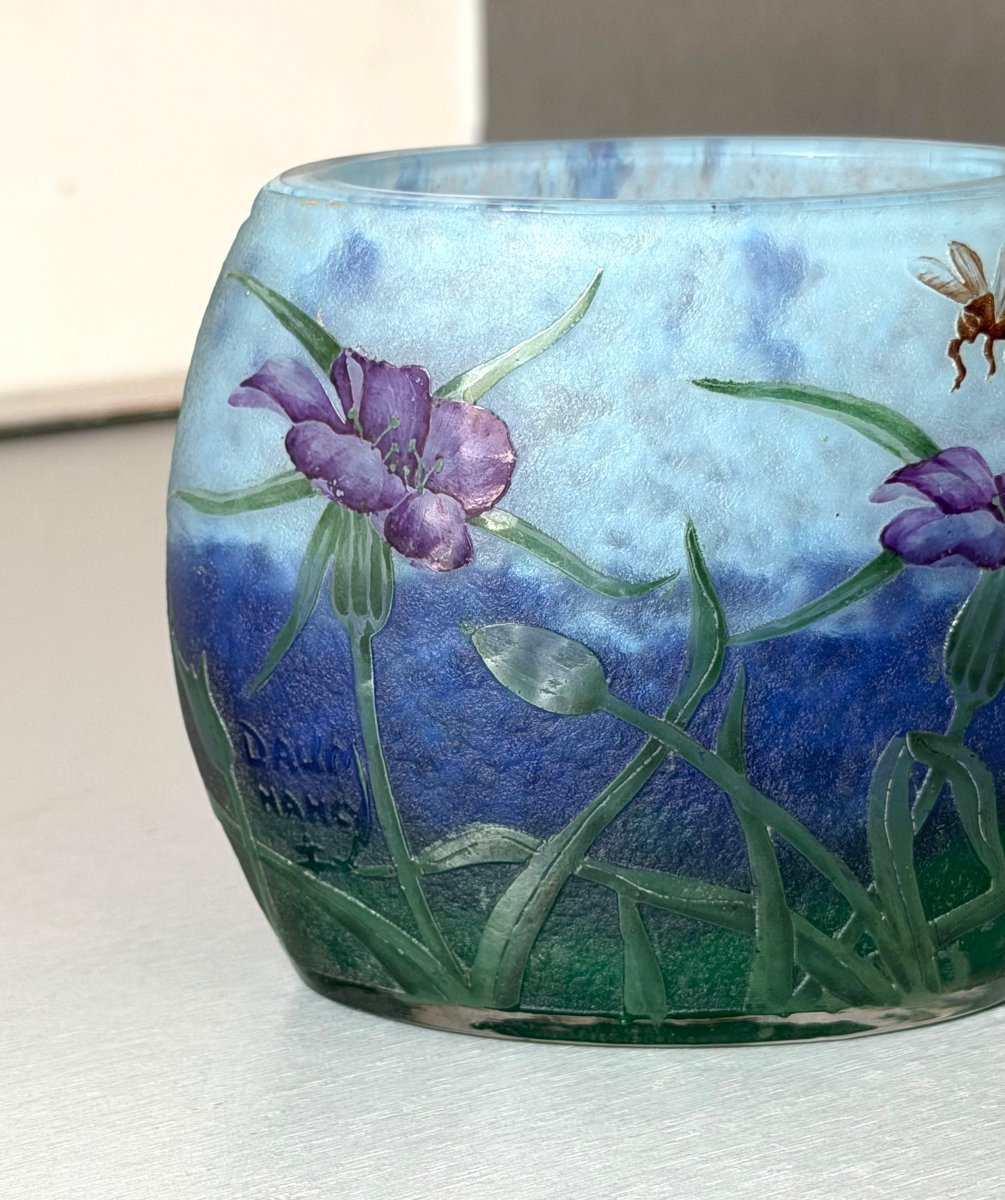 Rare Art Nouveau "carnations And Bee" Vase By Daum Nancy-photo-1