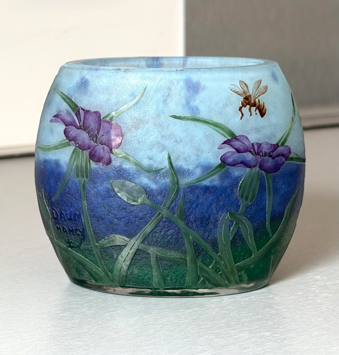 Rare Art Nouveau "carnations And Bee" Vase By Daum Nancy