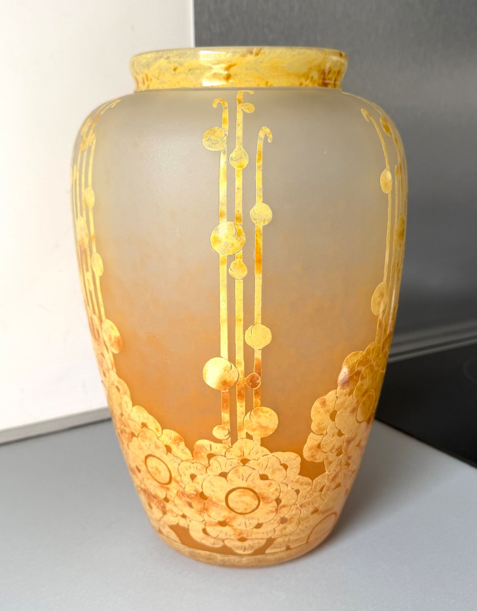 Important Art Deco "roses Trémières" Vase By Schneider - Le Verre Français-photo-2
