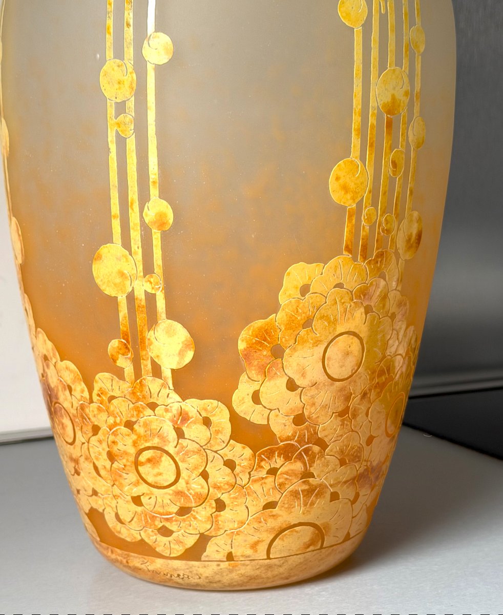 Important Art Deco "roses Trémières" Vase By Schneider - Le Verre Français-photo-2