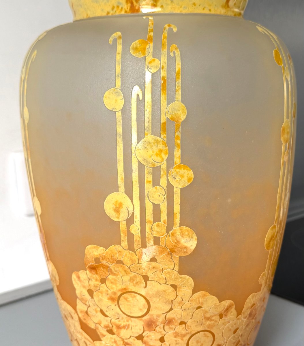 Important Art Deco "roses Trémières" Vase By Schneider - Le Verre Français-photo-3