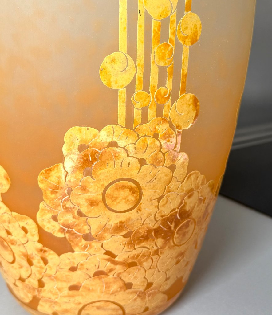 Important Art Deco "roses Trémières" Vase By Schneider - Le Verre Français-photo-6