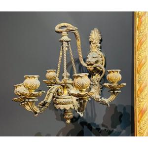 Paire d'Appliques 5 Lumières En Bronze Au Lion Et Serpent Napoléon III XIXe