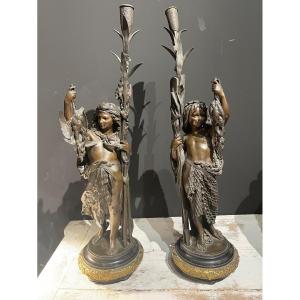 Important Pair Of 19th Century Bronze Candelabra Carrier Belleuse 