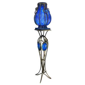 Daum France et André Dubreuil Sellette "Macao" en Cristal et Fer Forgé