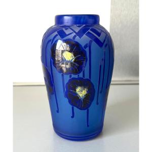 Art Deco Vase "blue Nasturtiums" By Schneider - Le Verre Français