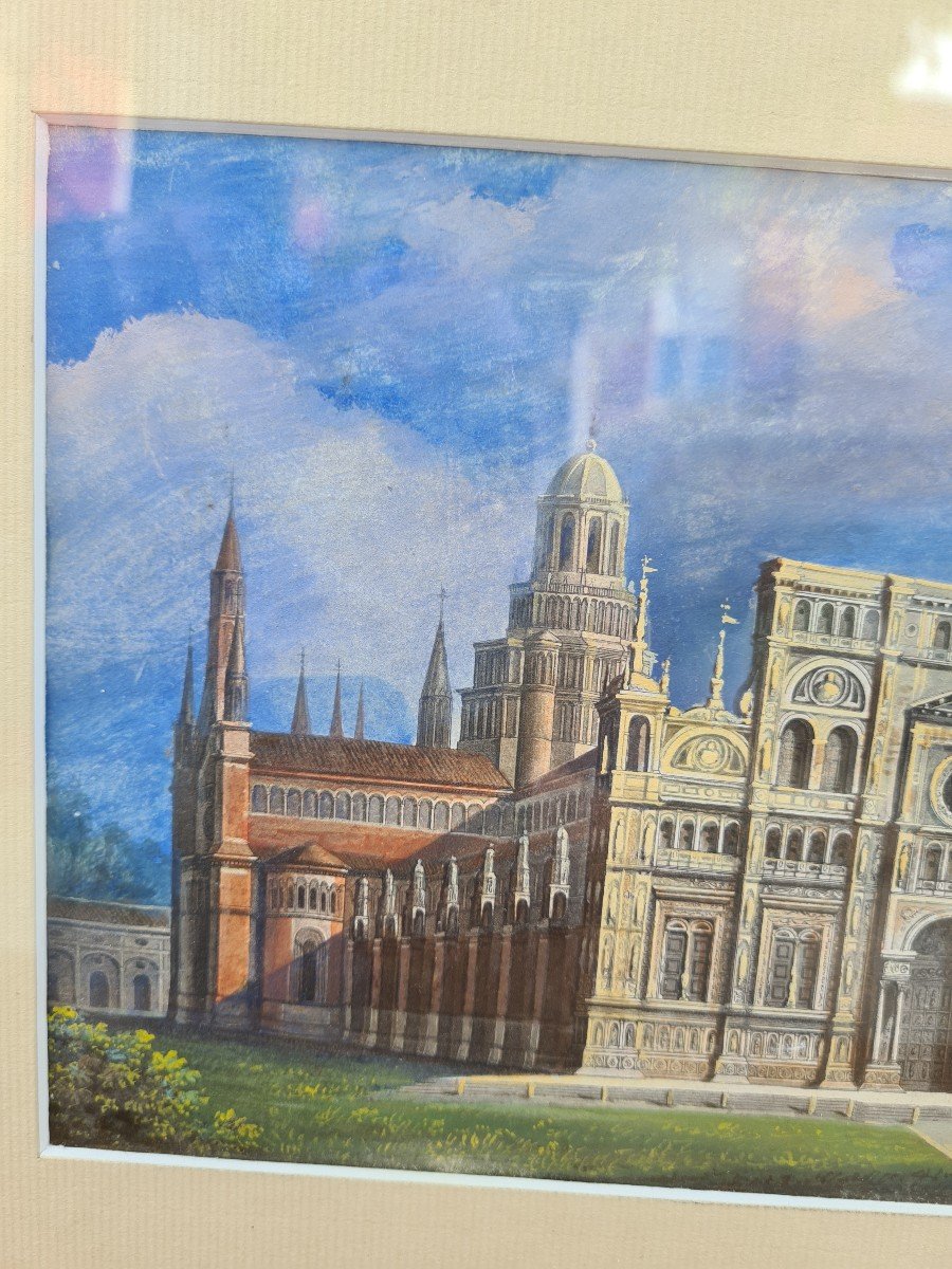 Gouache Framed 19th Certosa Di Pavia (lombardy Italy)-photo-2