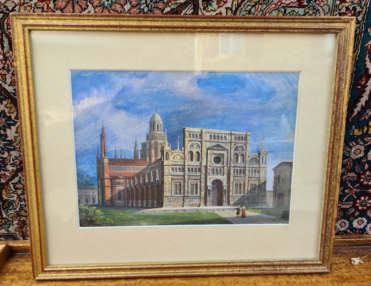 Gouache Framed 19th Certosa Di Pavia (lombardy Italy)