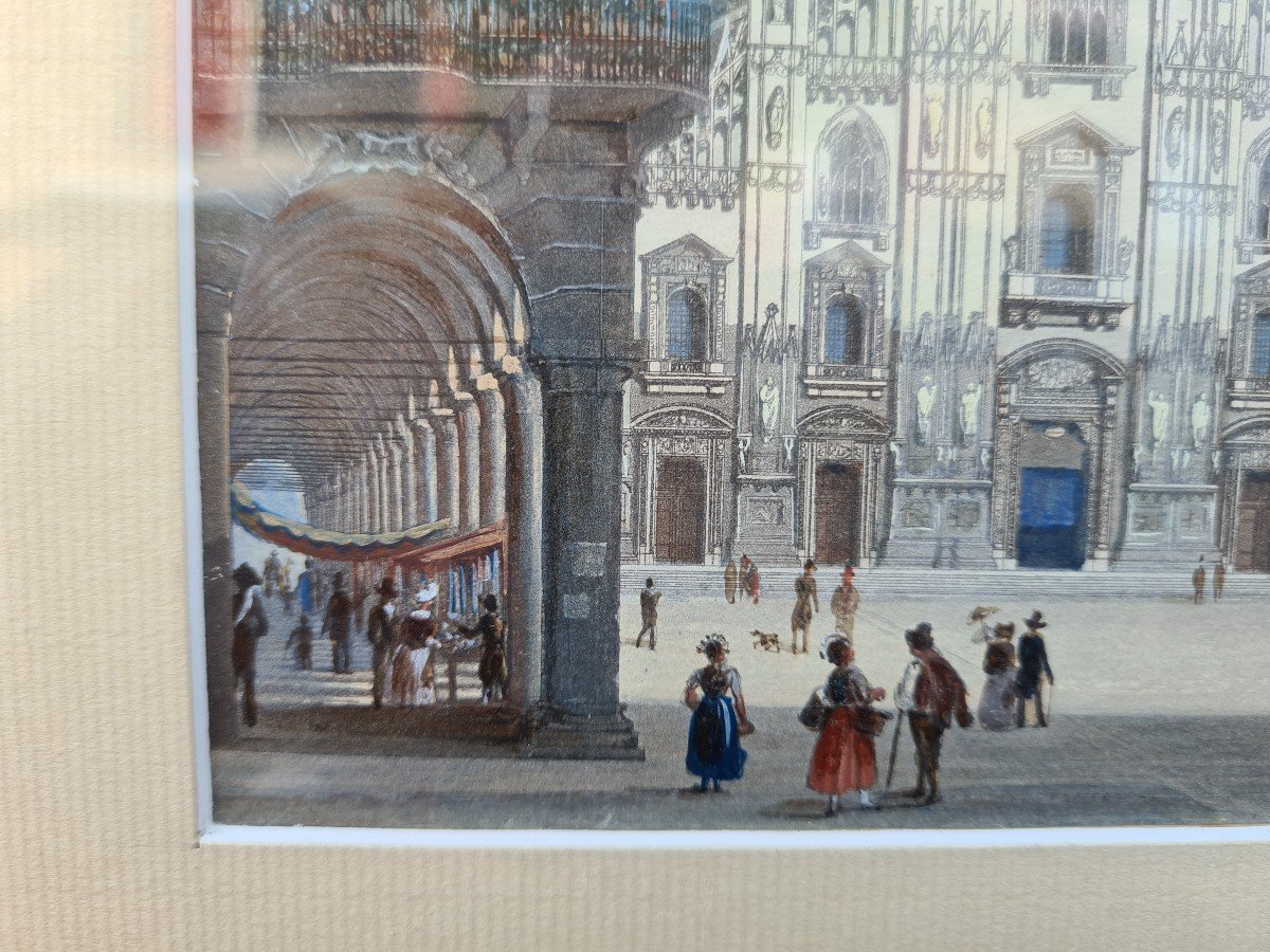 Gouache Encadrée 19 éme  Piazza  Del Duomo In Milano ,Italie -photo-4