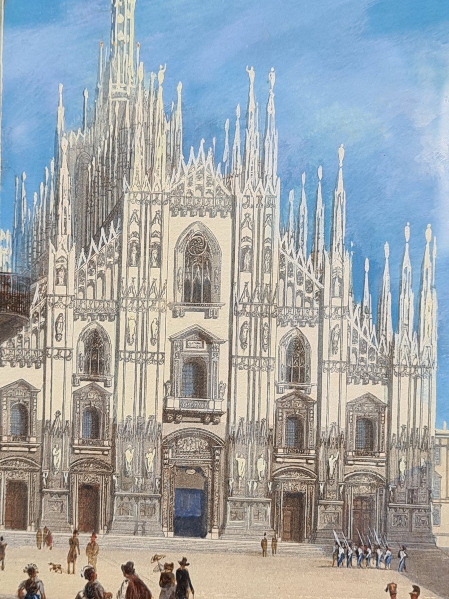 Gouache Encadrée 19 éme  Piazza  Del Duomo In Milano ,Italie -photo-2