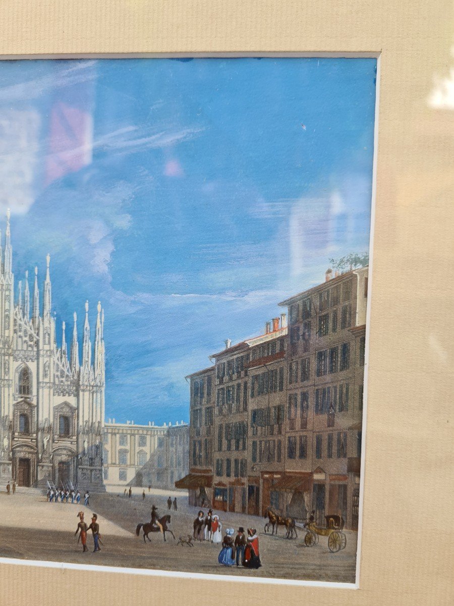 Gouache Encadrée 19 éme  Piazza  Del Duomo In Milano ,Italie -photo-4