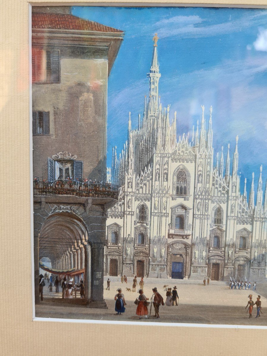 Gouache Encadrée 19 éme  Piazza  Del Duomo In Milano ,Italie -photo-5