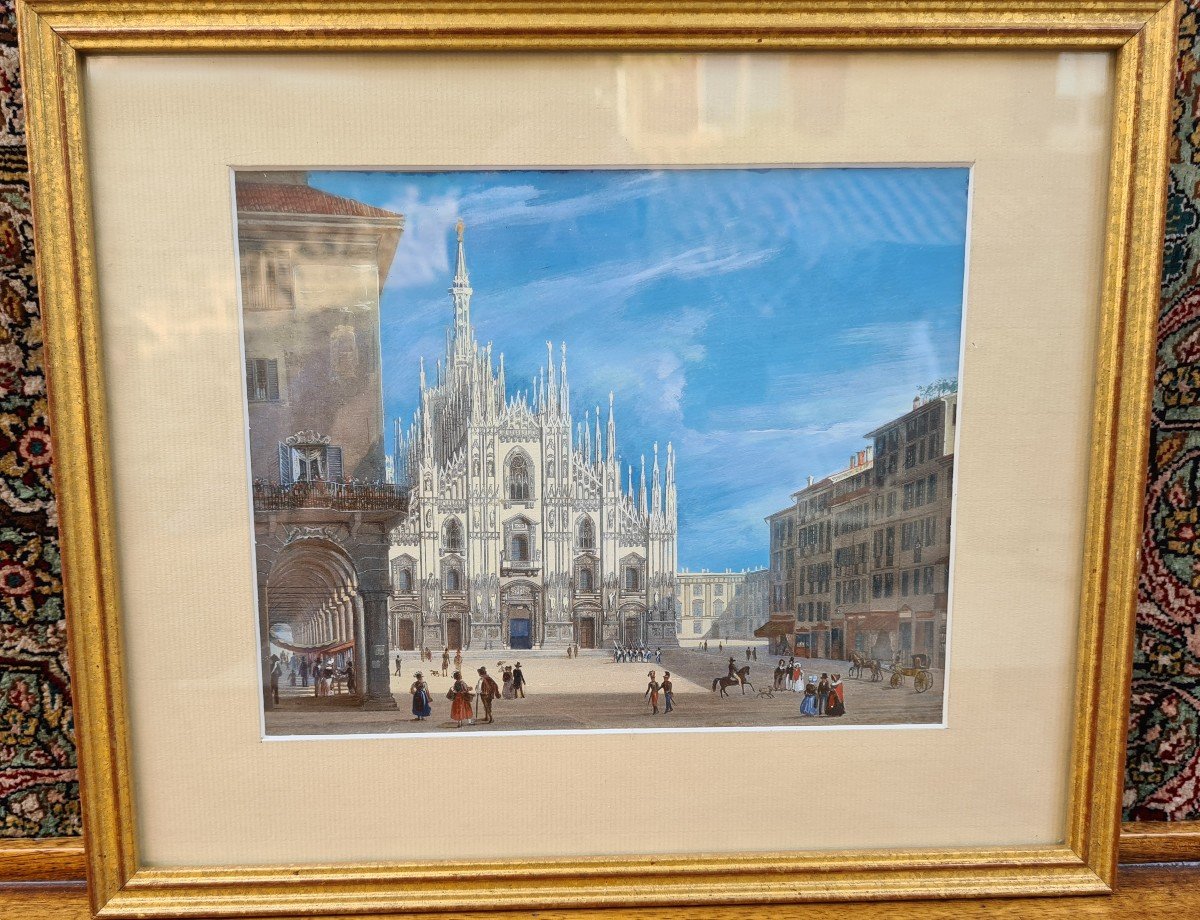 Gouache Encadrée 19 éme  Piazza  Del Duomo In Milano ,Italie 