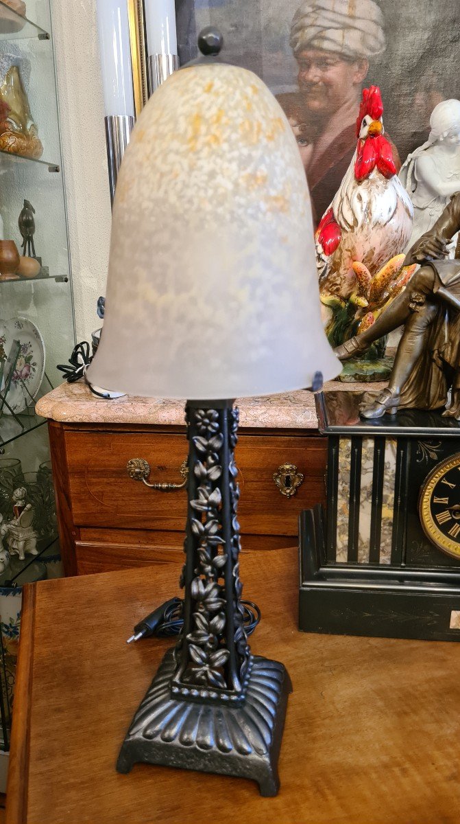 Lampe Fer Forgé , Dôme Signé Schneider 