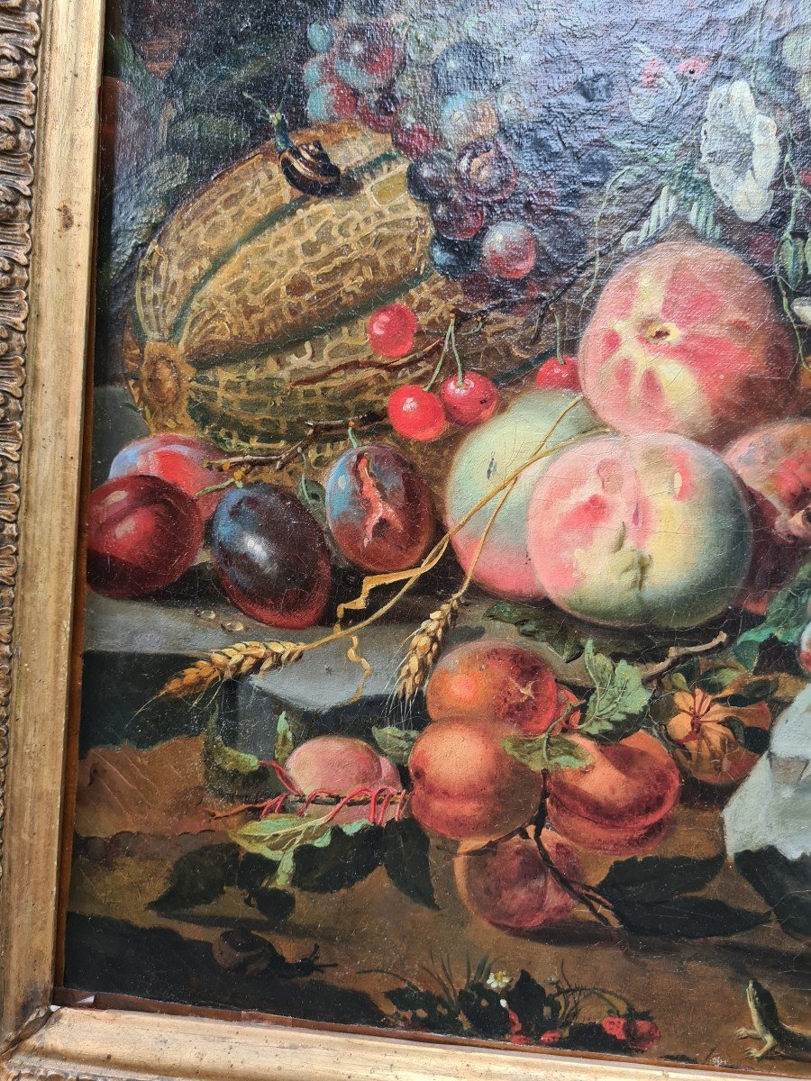 Oil On Canvas Still Life With Fruits And Insects In The Style Of Mignon-photo-2