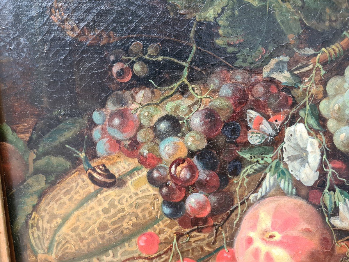 Oil On Canvas Still Life With Fruits And Insects In The Style Of Mignon-photo-6