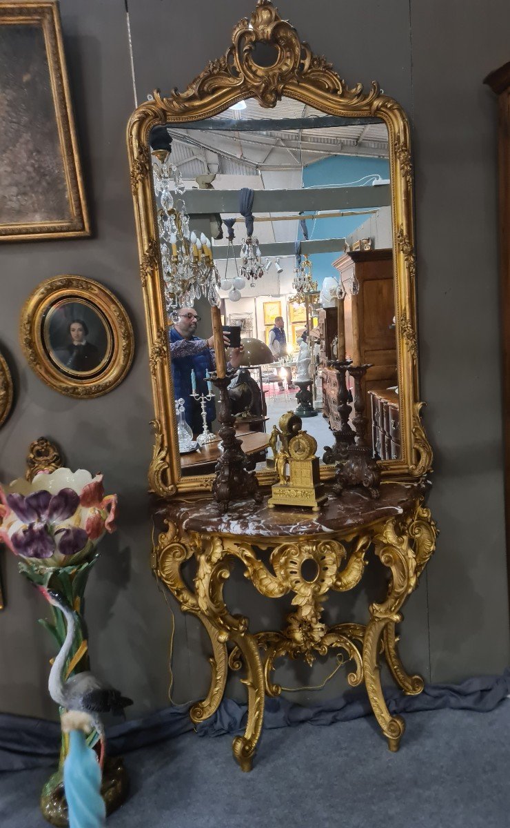 Console And Its Mirror In Golden Wood 19th
