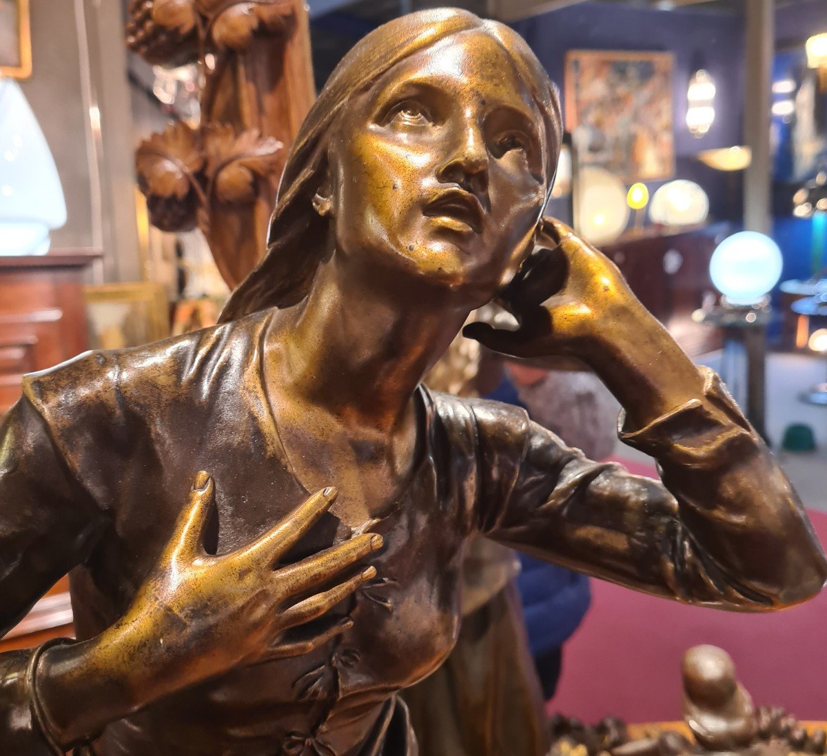 Grand Bronze"jeanne d'Arc écoutant Les Voix"attribué à Dumaigue Etienne Henry (1830-1888)-photo-4