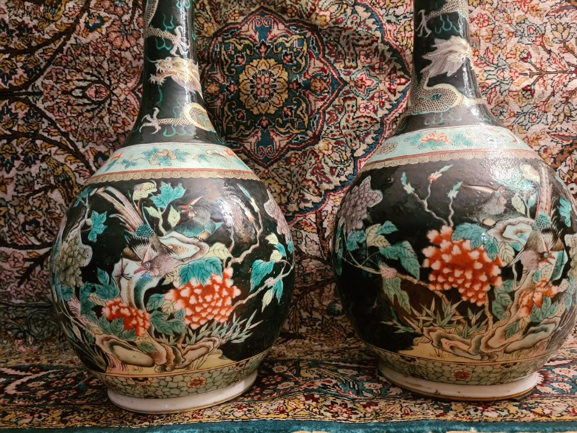 Pair Of Chinese Enameled Porcelain Vases, Famille Verte, 19th Century-photo-2