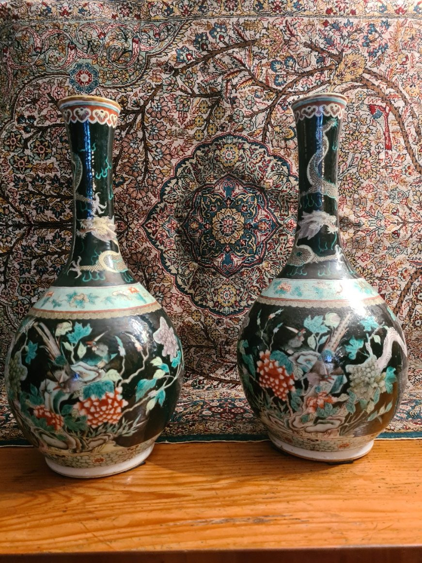 Pair Of Chinese Enameled Porcelain Vases, Famille Verte, 19th Century-photo-8