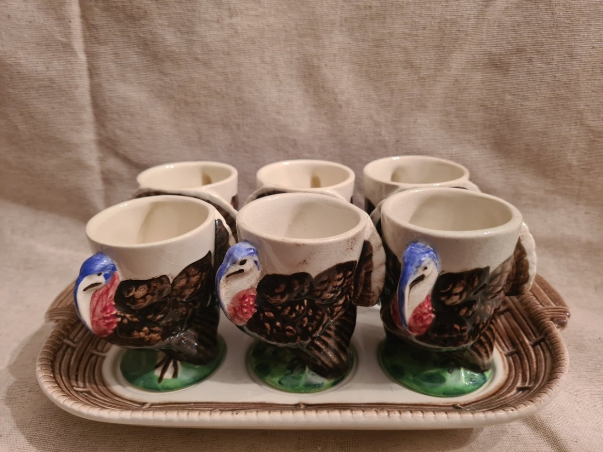 Sarreguemines, Tray And Its 6 Turkey Egg Cups-photo-8