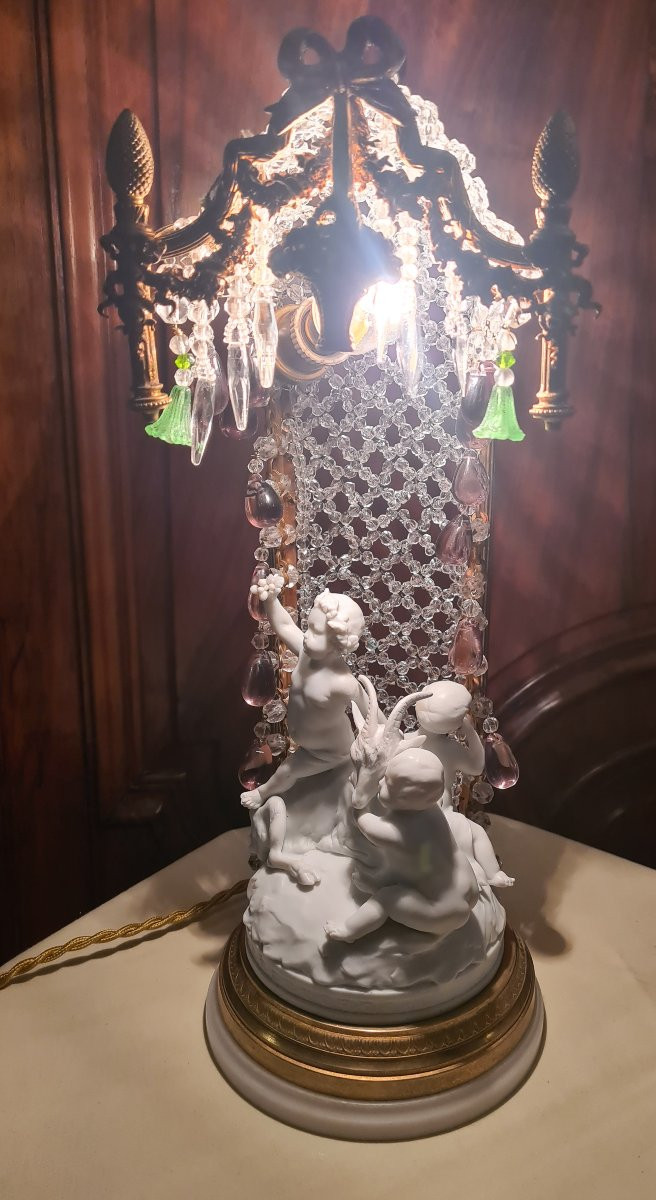 Lampe à poser, cage,  en biscuit et bronze , fin 19éme-photo-1