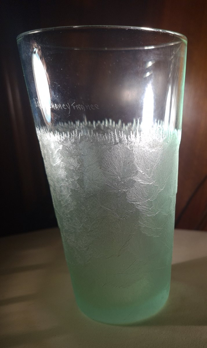 Frosted Green Crystal Orangeade Glass, Signed Daum Nancy France, Cross Of Lorraine-photo-2