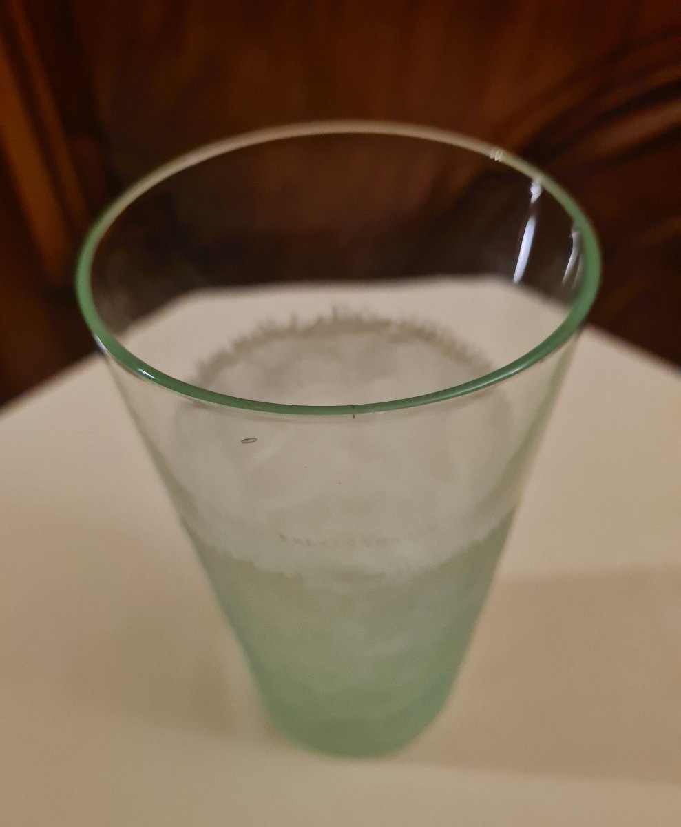 Frosted Green Crystal Orangeade Glass, Signed Daum Nancy France, Cross Of Lorraine-photo-3