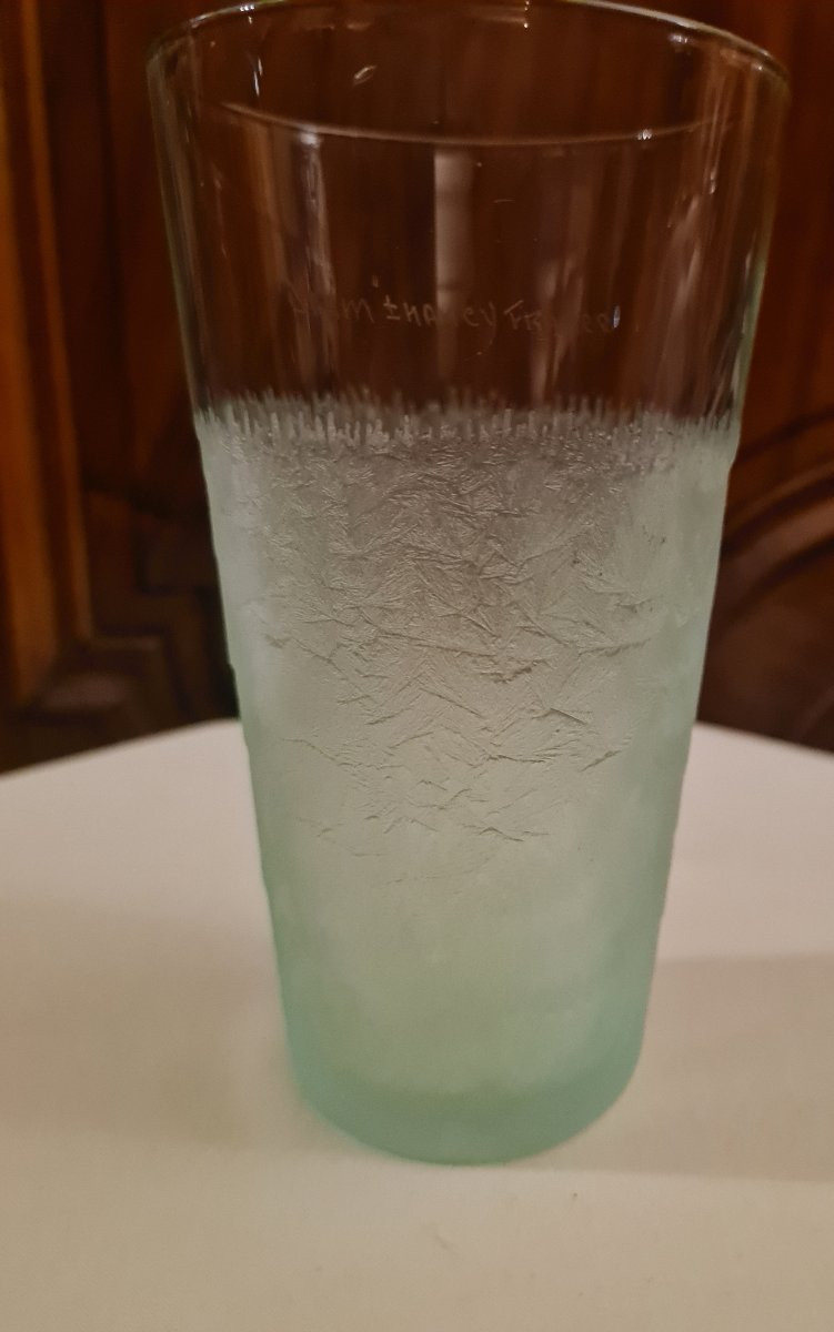 Frosted Green Crystal Orangeade Glass, Signed Daum Nancy France, Cross Of Lorraine-photo-4
