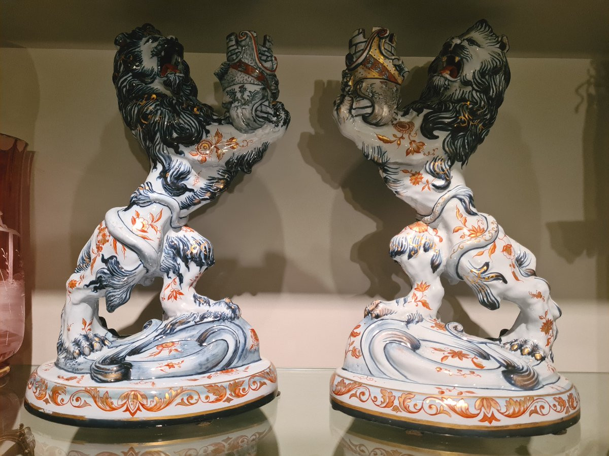 Pair Of Lion Candlesticks, Emile Gallé, Earthenware, Saint-clément Factory, Late 19th Century-photo-4