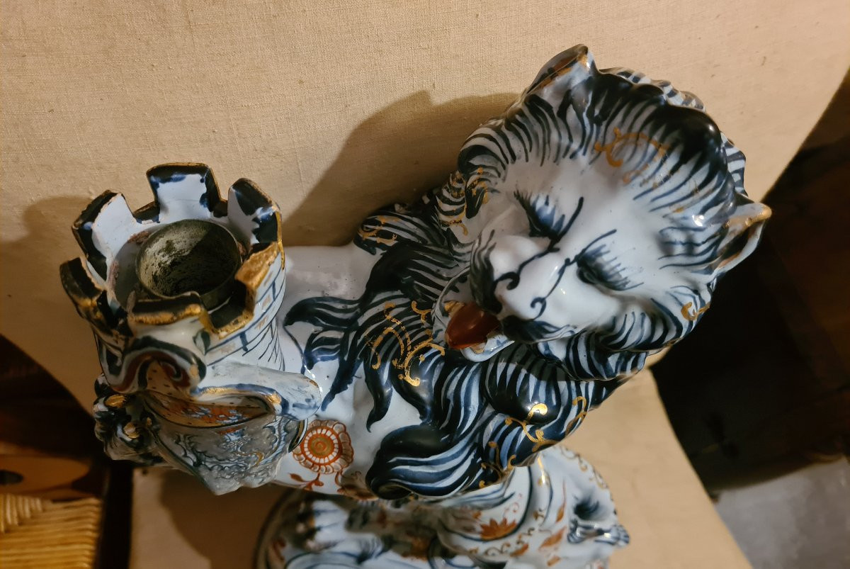 Pair Of Lion Candlesticks, Emile Gallé, Earthenware, Saint-clément Factory, Late 19th Century-photo-2