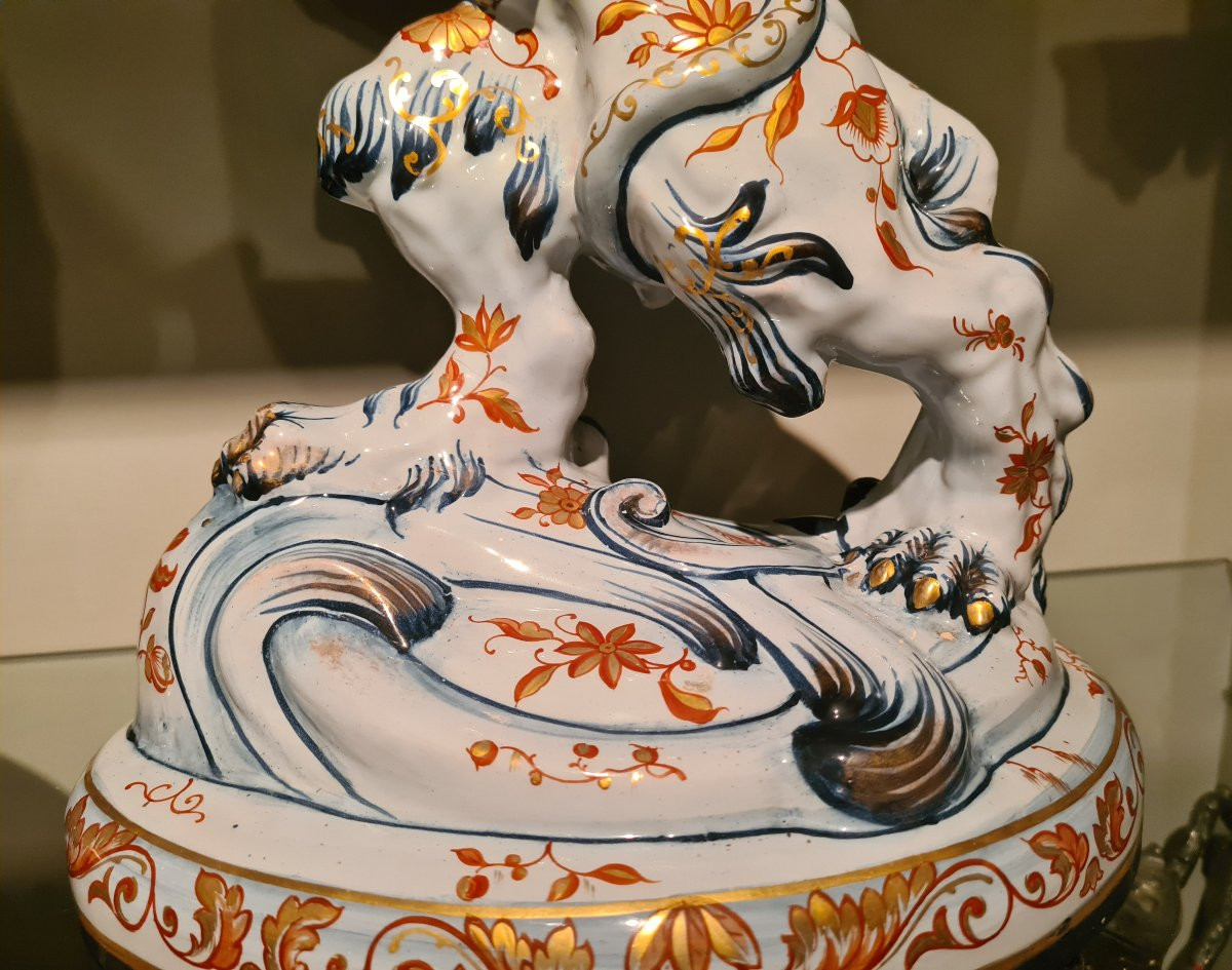 Pair Of Lion Candlesticks, Emile Gallé, Earthenware, Saint-clément Factory, Late 19th Century-photo-4