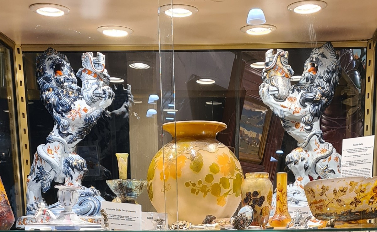 Pair Of Lion Candlesticks, Emile Gallé, Earthenware, Saint-clément Factory, Late 19th Century