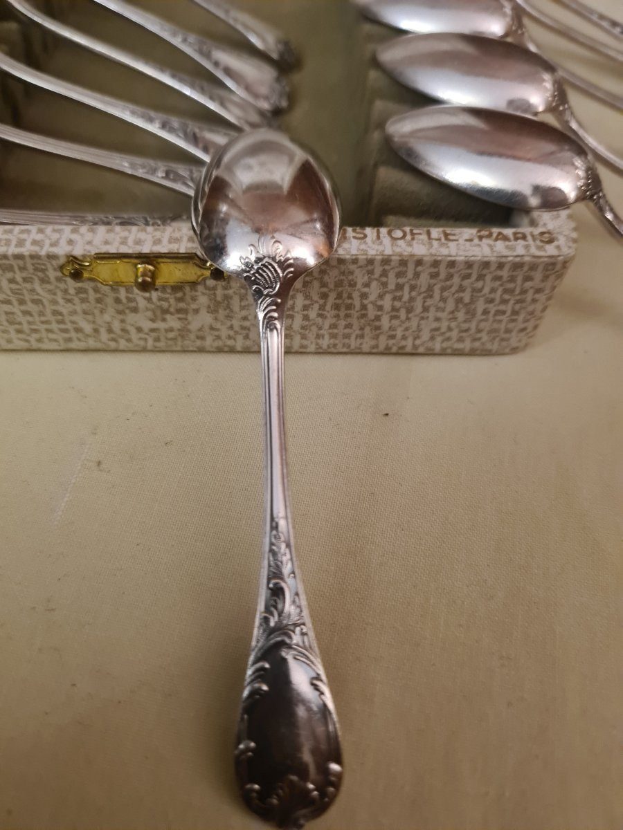 12 Mocha Spoons And Their Box, Christofle Marly Model-photo-4