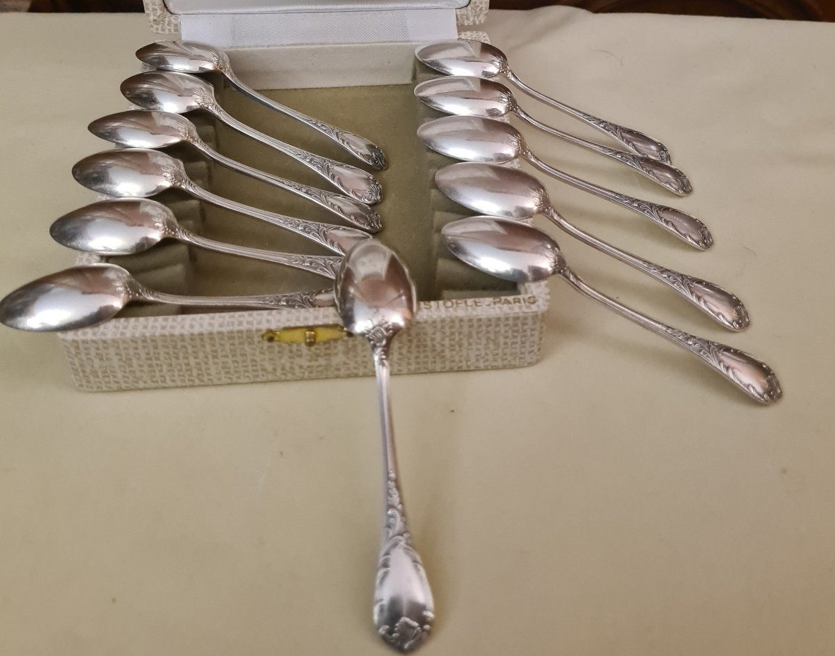 12 Mocha Spoons And Their Box, Christofle Marly Model-photo-1