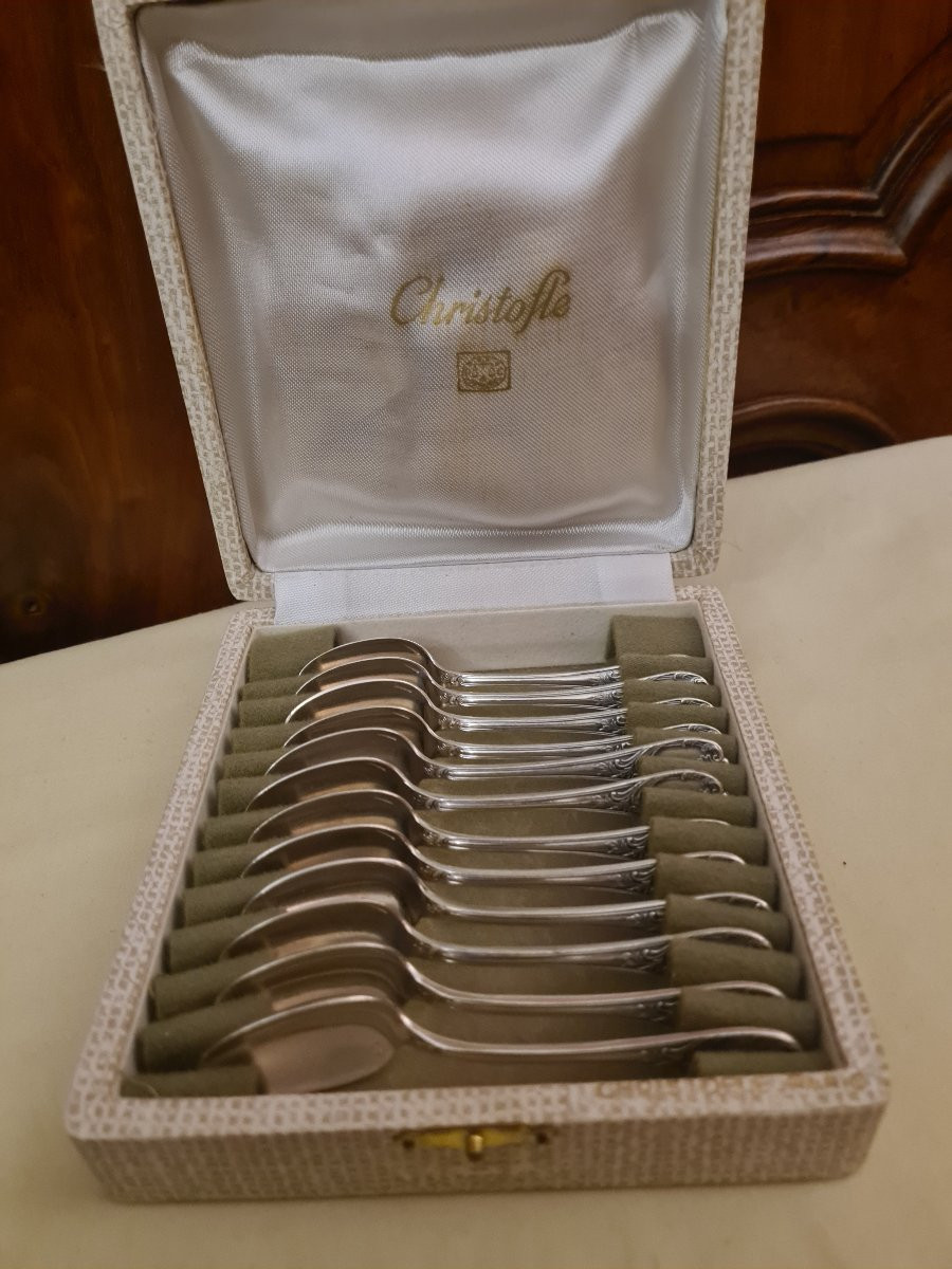 12 Mocha Spoons And Their Box, Christofle Marly Model-photo-5