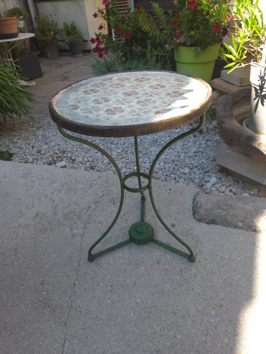 Napoleon III Garden Pedestal Table Enamelled Top & Wrought Iron 19th Century