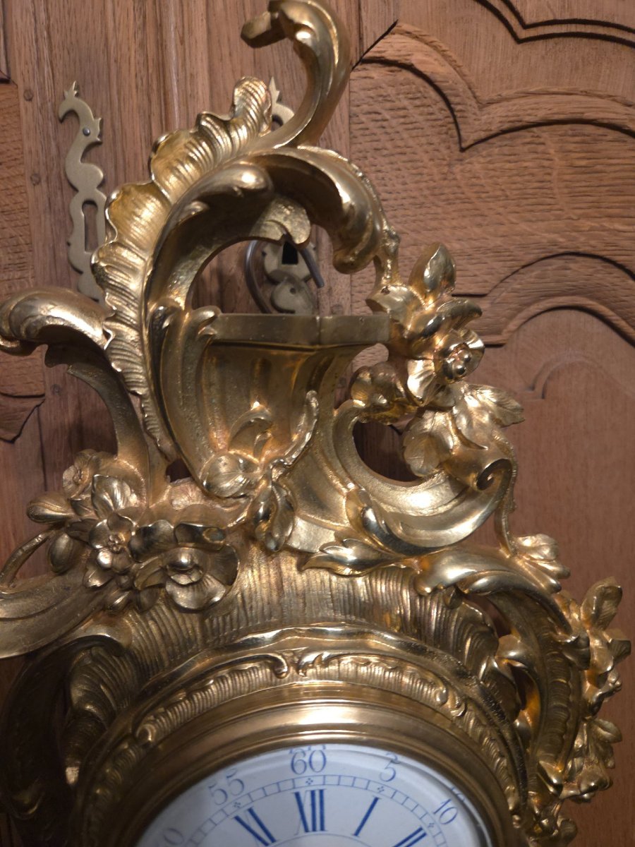 Cartel mural Napoléon III bronze doré signé – Cadran émaillé XIXe-photo-6
