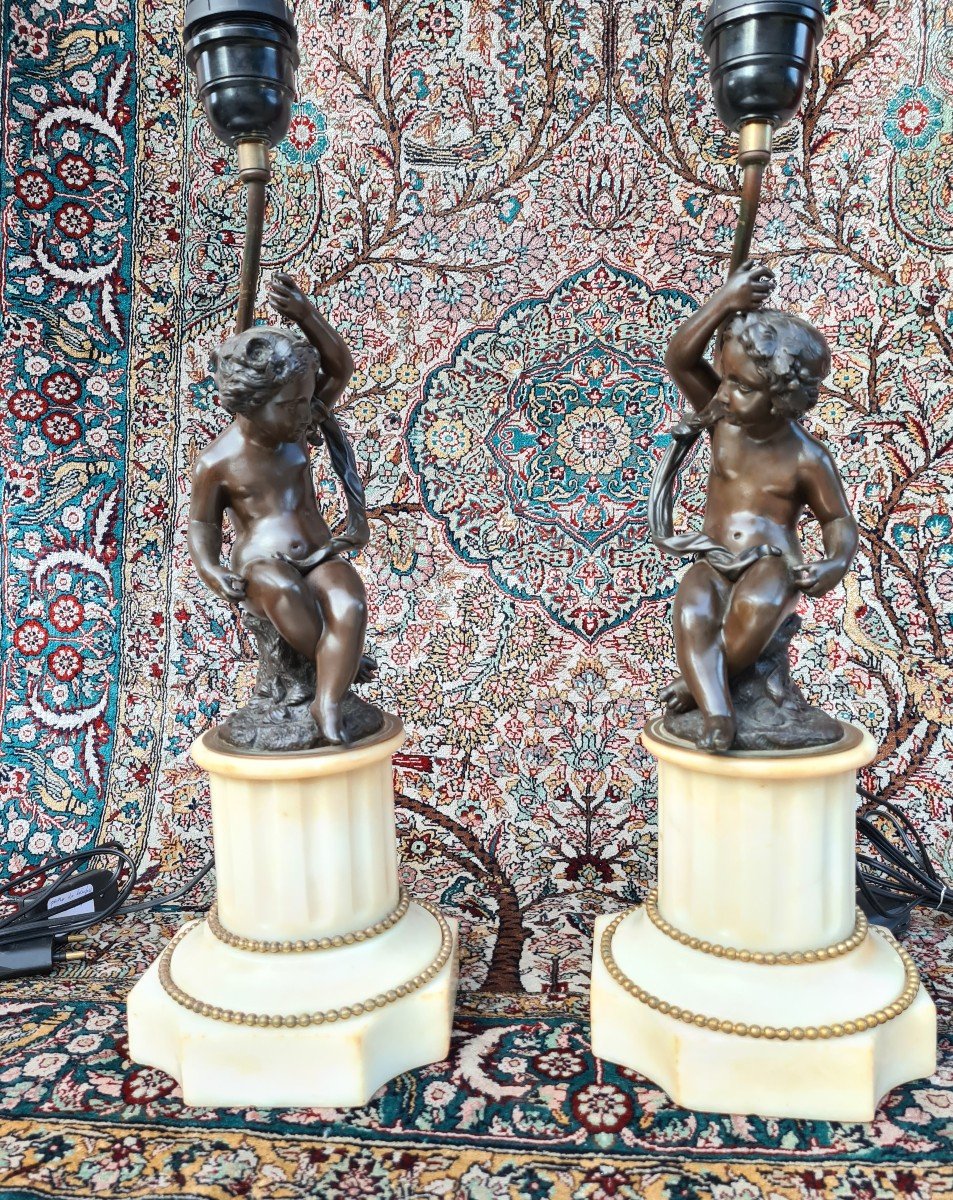 Pair Of White Marble Lamps And Bronze Cherubs-photo-4