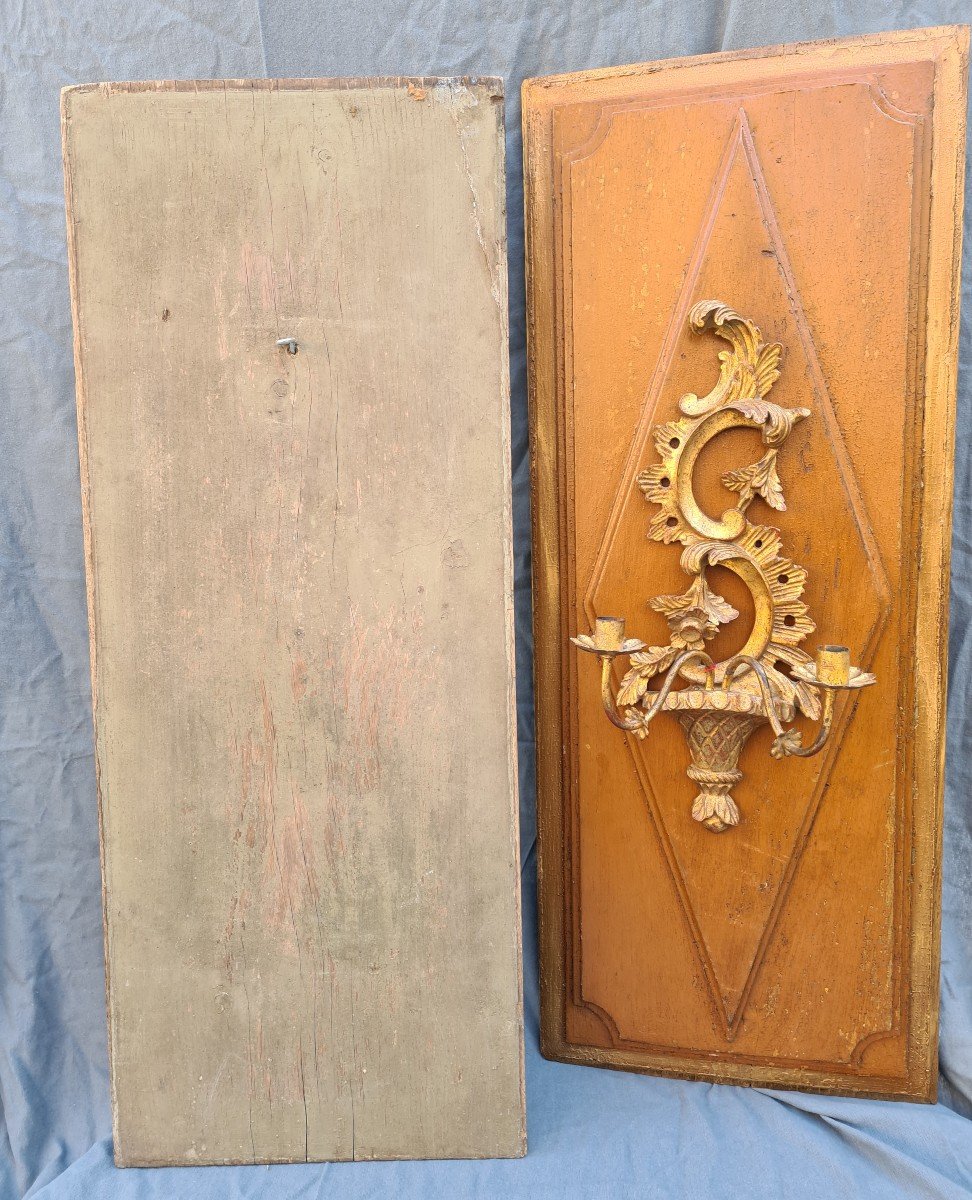 Pair Of Golden Wood Sconces On Painted Wood Panels-photo-5