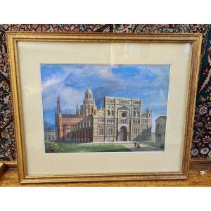 Gouache Framed 19th Certosa Di Pavia (lombardy Italy)