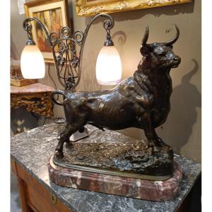 Bronze Bull On Marble Base Model By C. Fratin