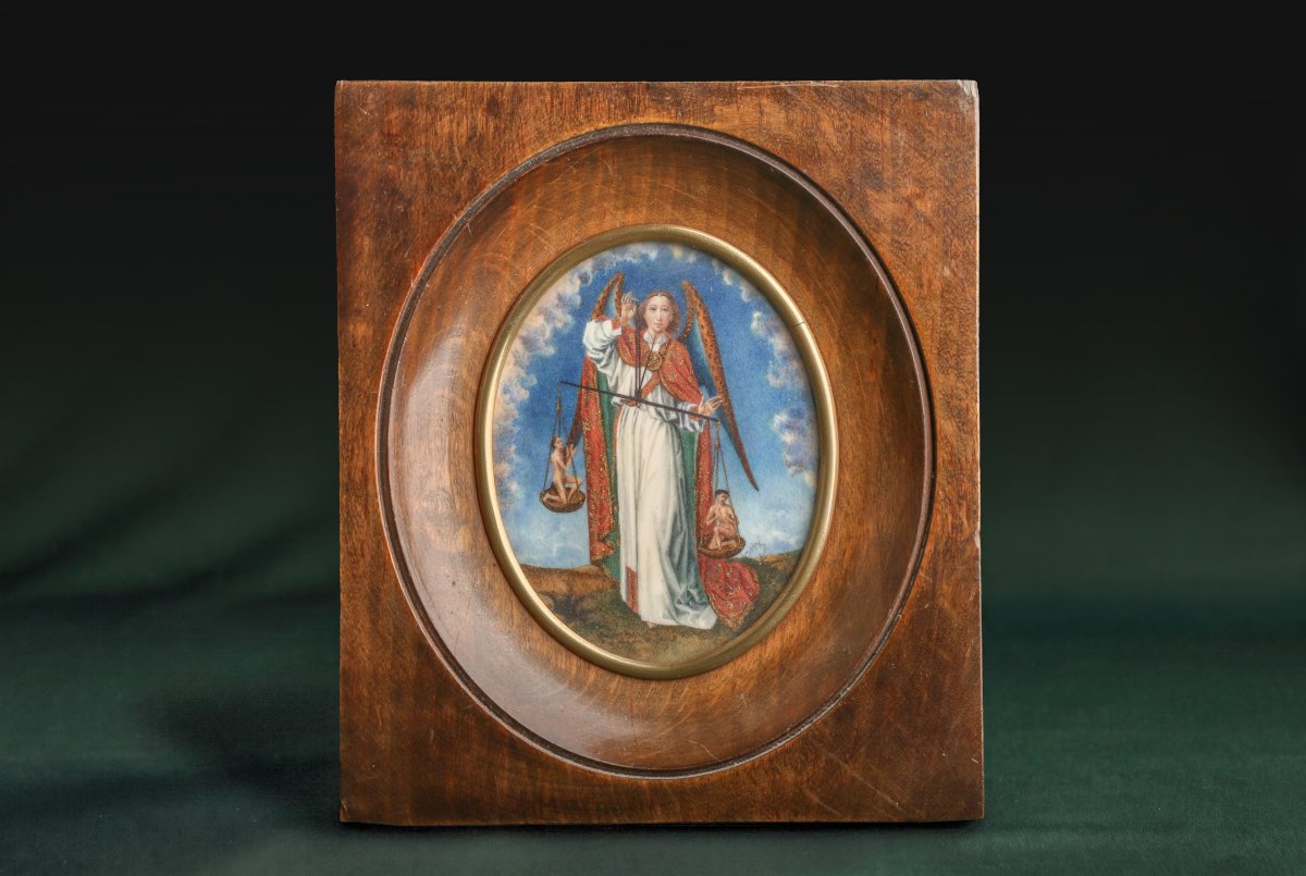 Miniature présentant La pesée des âmes d'aprés Van Der Weyden