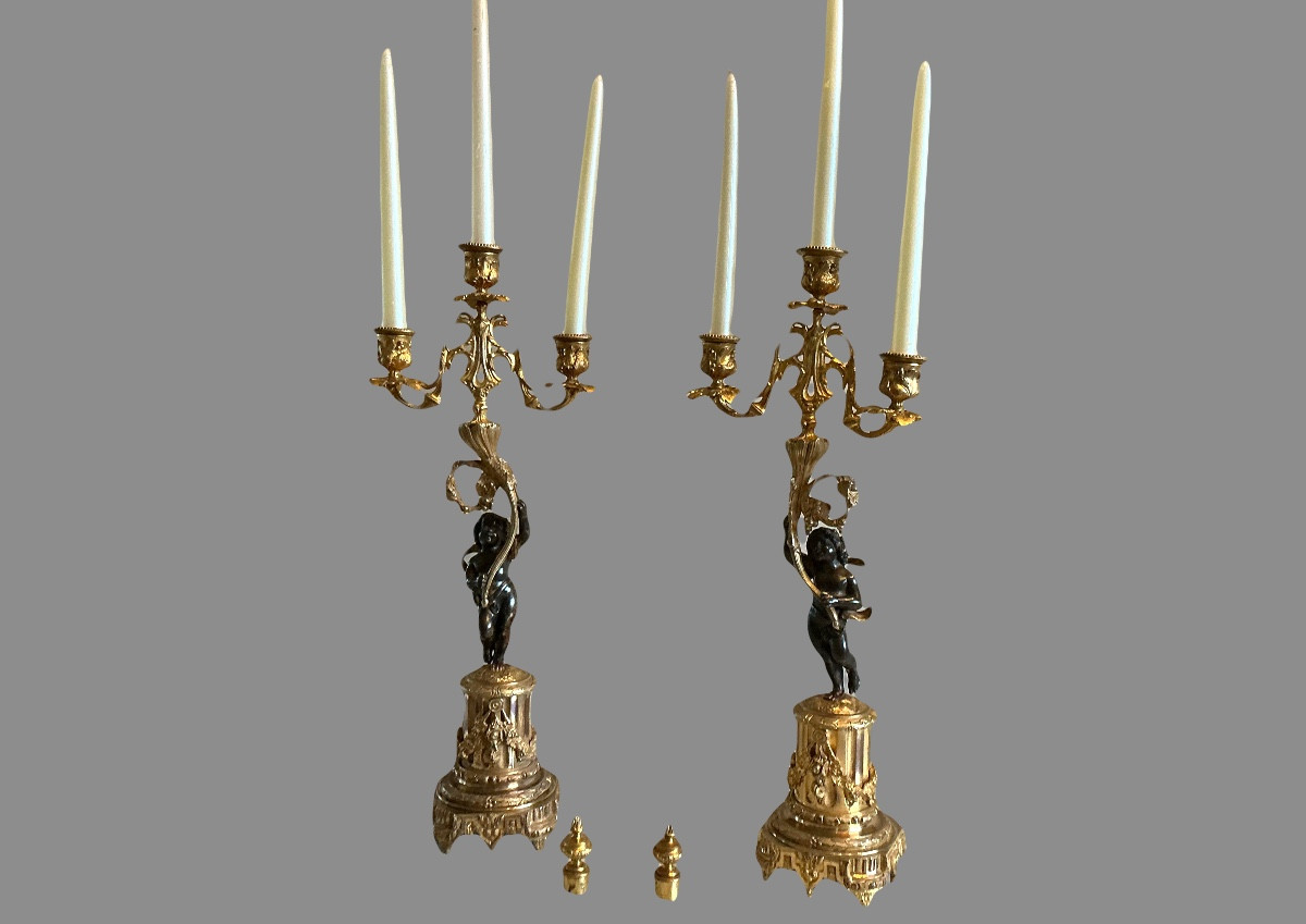 A Pair Of 19th-century Bronze Candelabra With Putti 