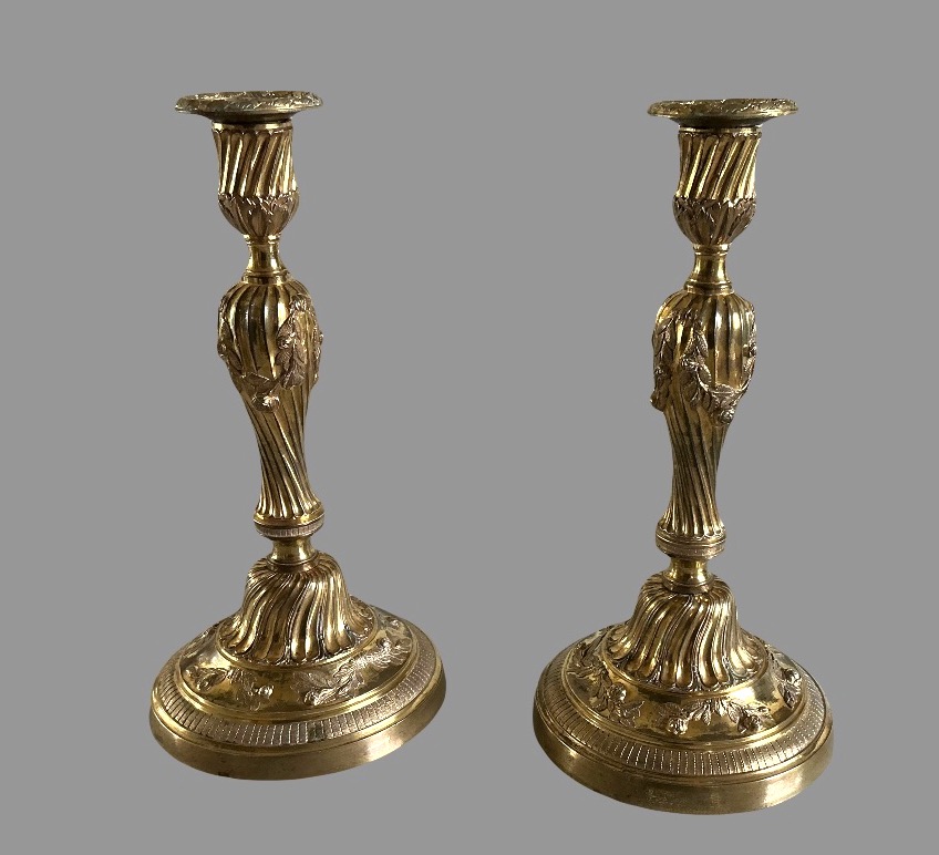 Pair Of Candlesticks, Gilded Bronze Torches, Louis XV Period-photo-2