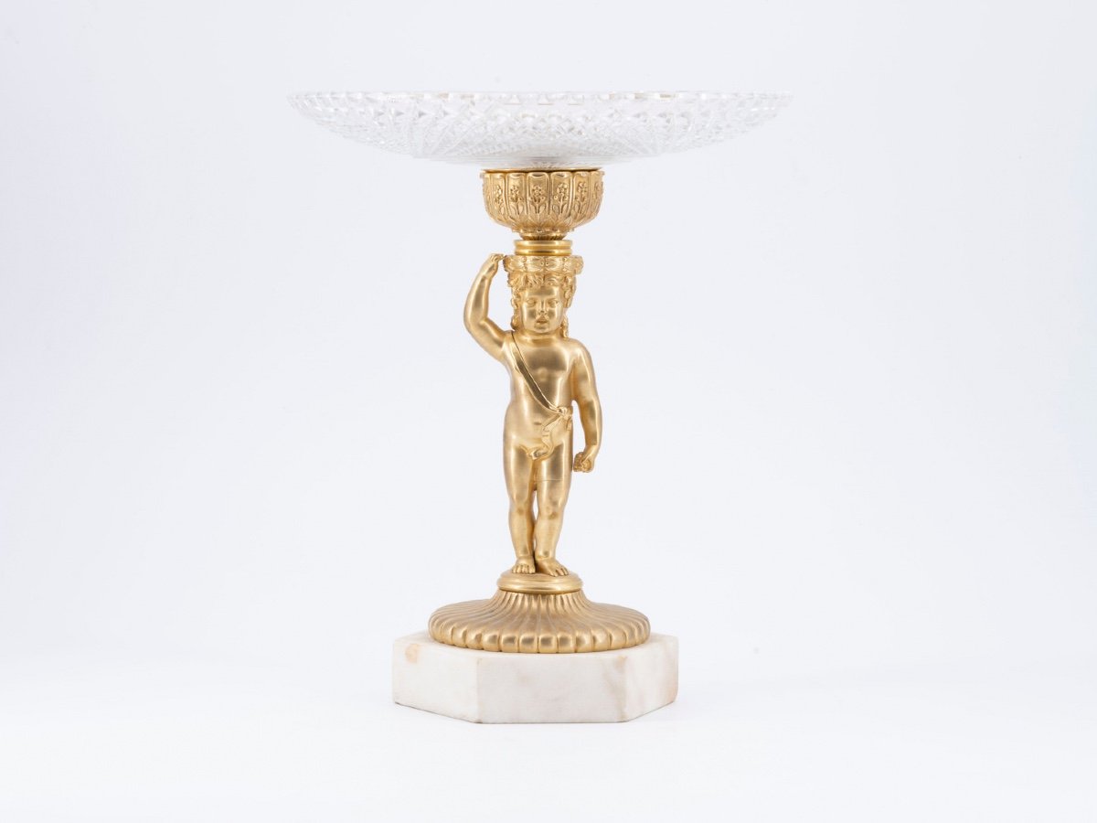 Coupe En Bronze Et Cristal Sur Socle En Marbre Blanc, XIXe Siècle